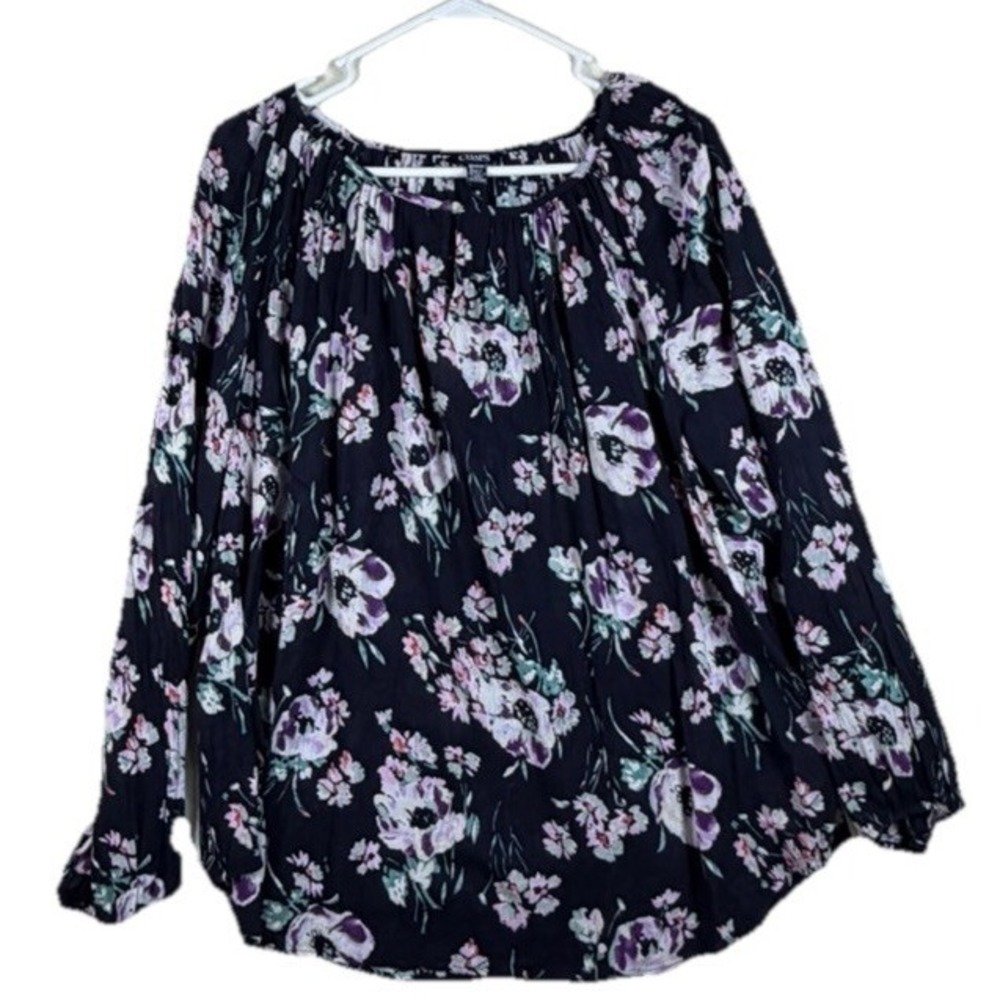 Chaps Womens 2X Floral Peasant Blouse Navy Blue Purple Long Sleeve Top New
